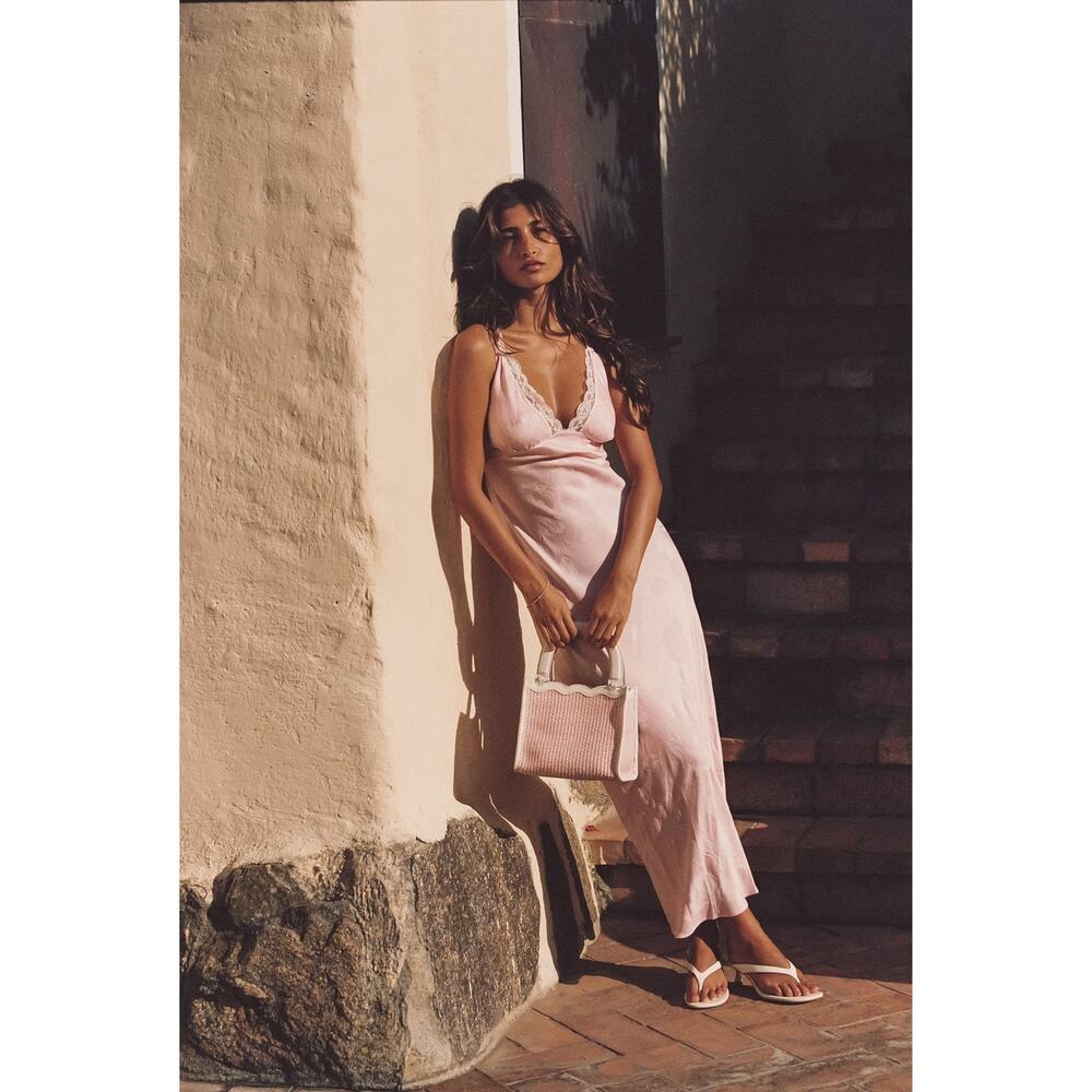 SKATIE Sabrina Pink Floral Jacquard Lace Trim Tie Back Midi Slip Dress M - Picture 4 of 12